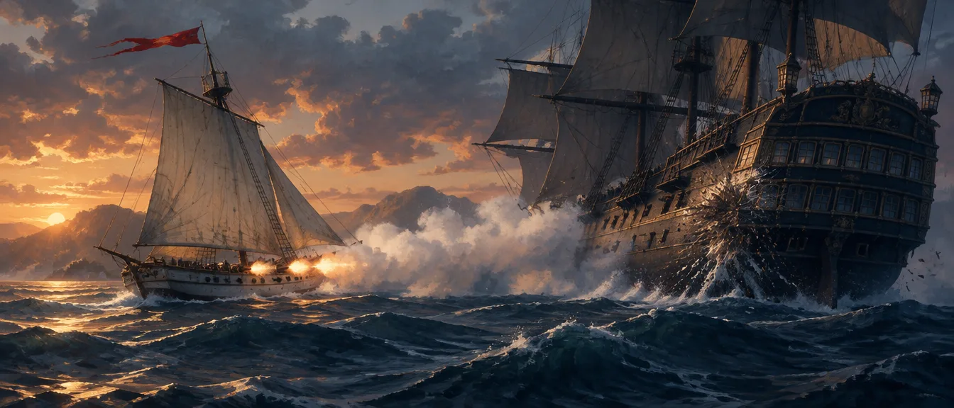 Sloop berpanji merah memotong buritan kapal perang hitam dan menembakkan broadside, asap putih hanyut di atas air.