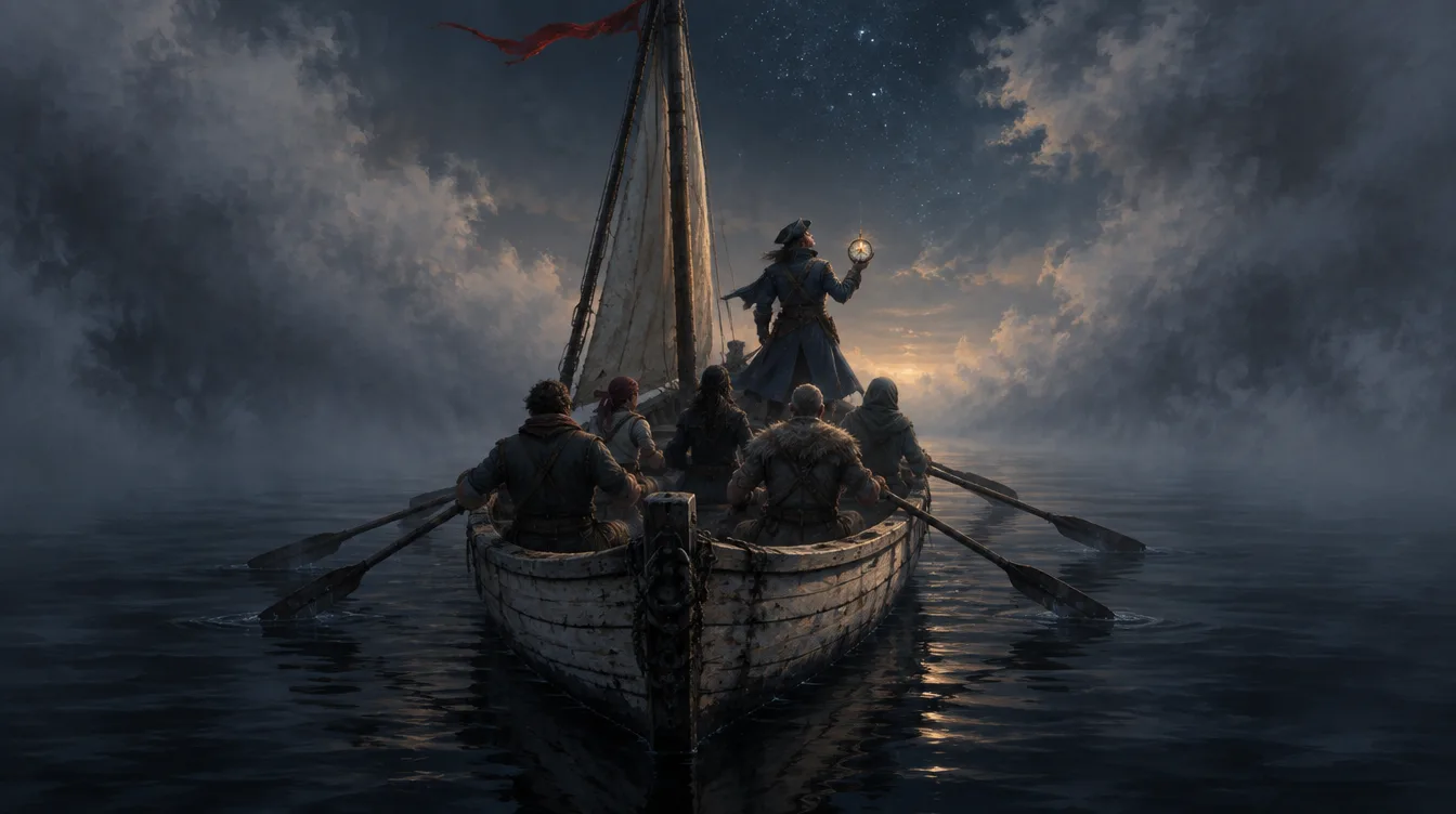 Sekoci dengan enam kru mendayung di kabut, navigator di haluan mengangkat kompas ke arah bintang.